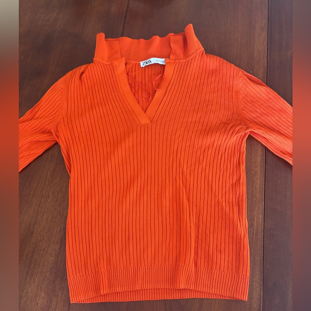 Zara Orange Collared Sweater with Ribbed Texture